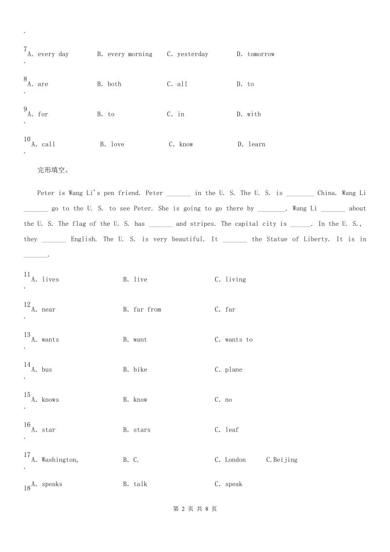 人教版(PEP)五年级英语上册期末专项训练：完形填空 （四）_第2页