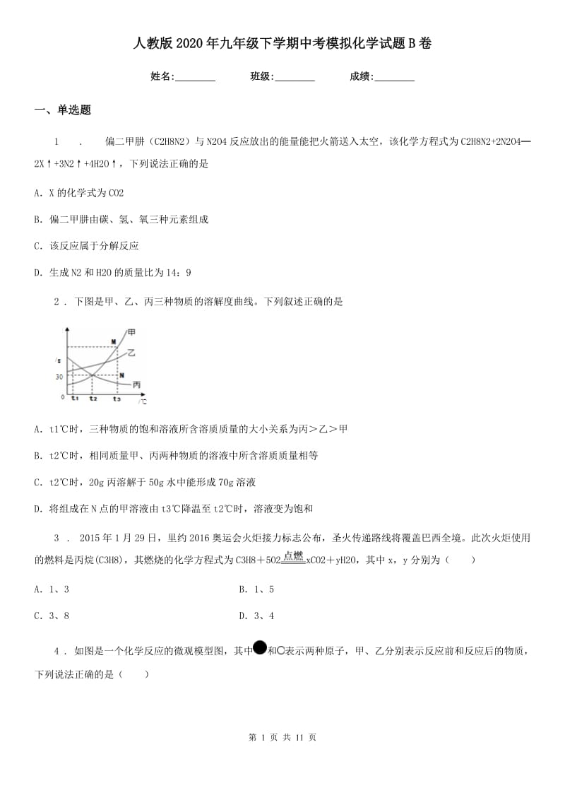 人教版2020年九年级下学期中考模拟化学试题B卷（模拟）_第1页