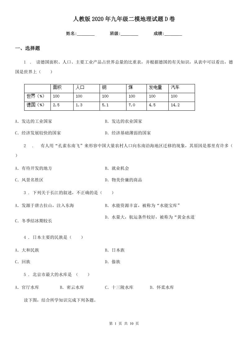 人教版2020年九年级二模地理试题D卷_第1页