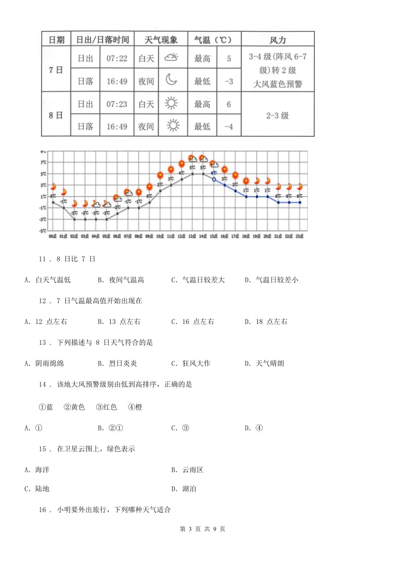 人教版七年级上册地理 4.3 天气 同步检测_第3页