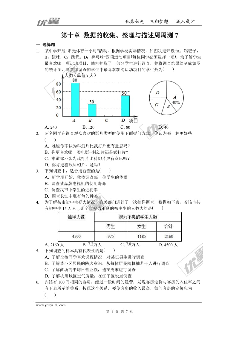 部审人教版七年级数学下册第十章 数据的收集、整理与描述周周测7（全章）_第1页