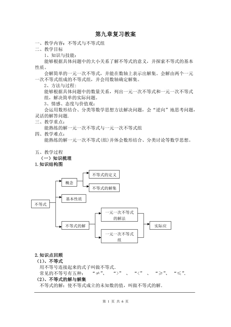 部审人教版七年级数学下册教学设计第九章 小结与复习_第1页