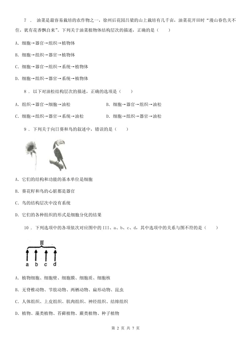 人教版生物七年级上册第二单元第三节《植物体的结构层次》测试题_第2页