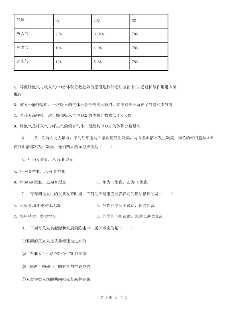 人教版（新课程标准）2019-2020年度七年级下学期期中考试生物试题B卷（练习）_第2页