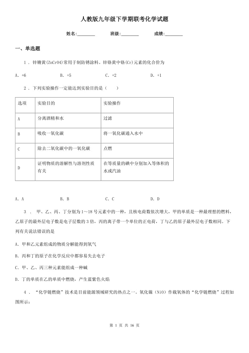 人教版九年级下学期联考化学试题_第1页