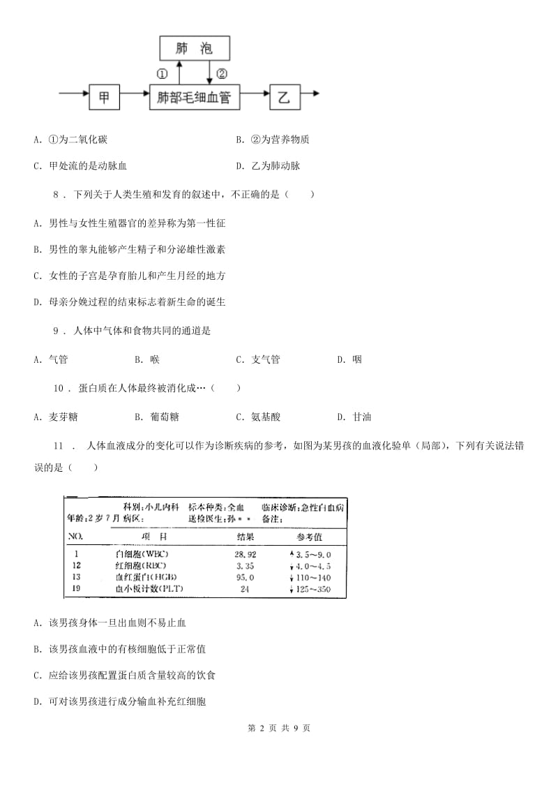 人教版（新课程标准）2020版七年级下学期期中考试生物试题C卷（模拟）_第2页