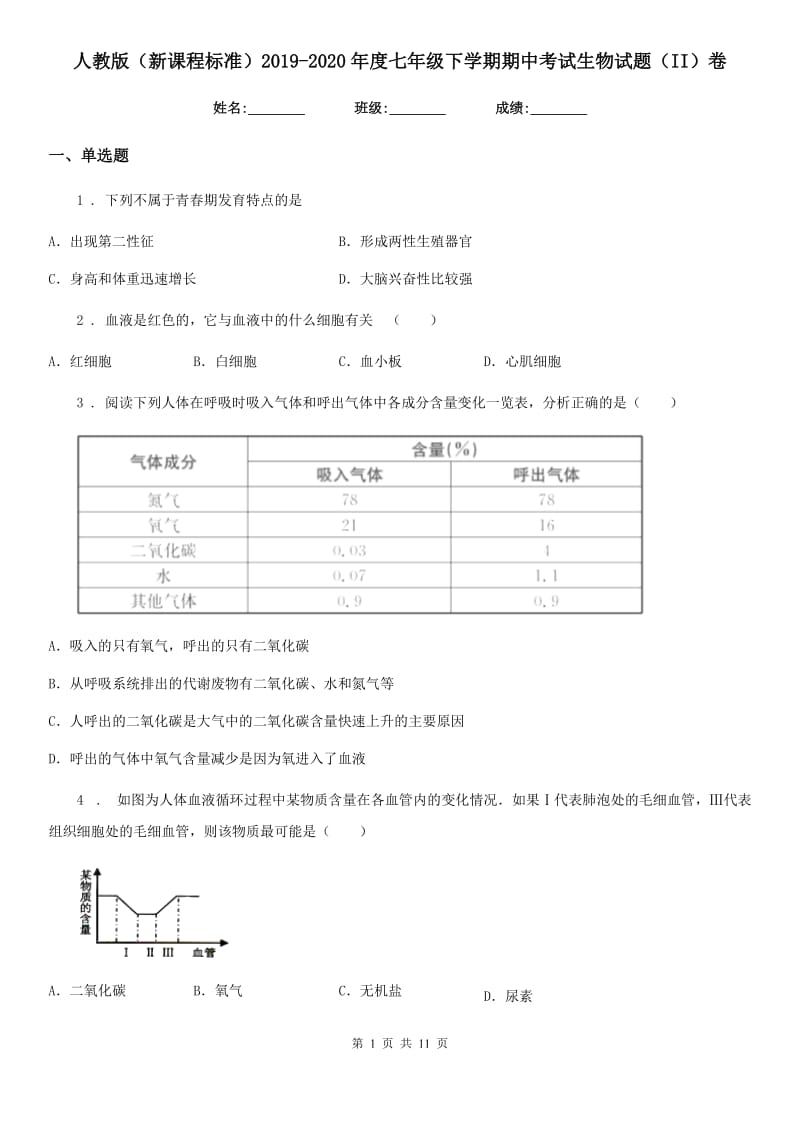 人教版（新课程标准）2019-2020年度七年级下学期期中考试生物试题（II）卷(模拟)_第1页