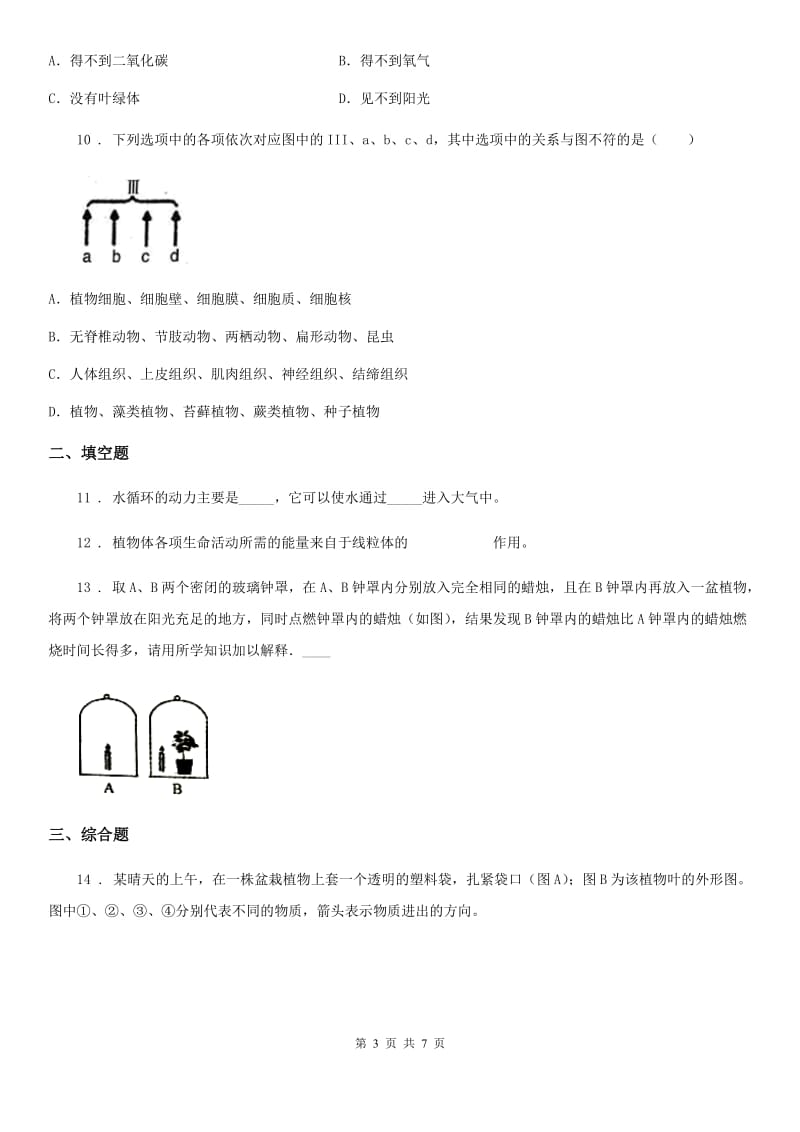 北师大版七年级上册生物 3.5.2呼吸作用 同步测试_第3页