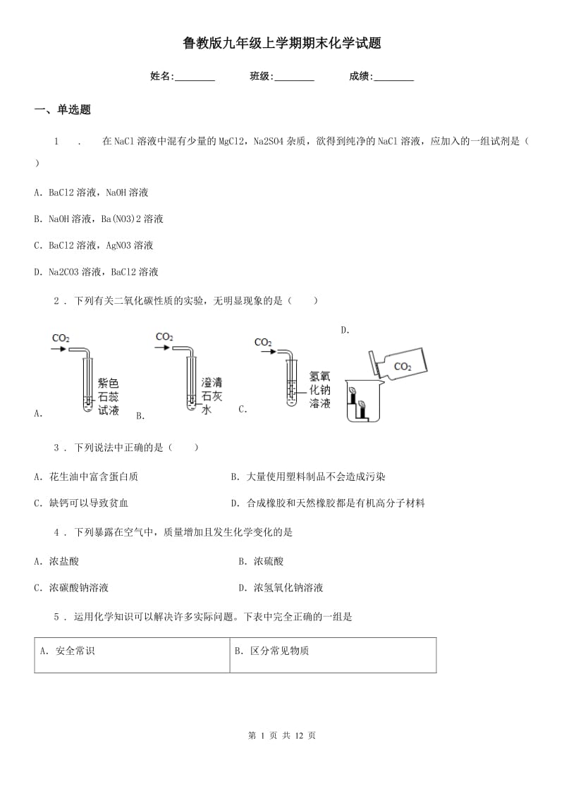 鲁教版九年级上学期期末化学试题（练习）_第1页