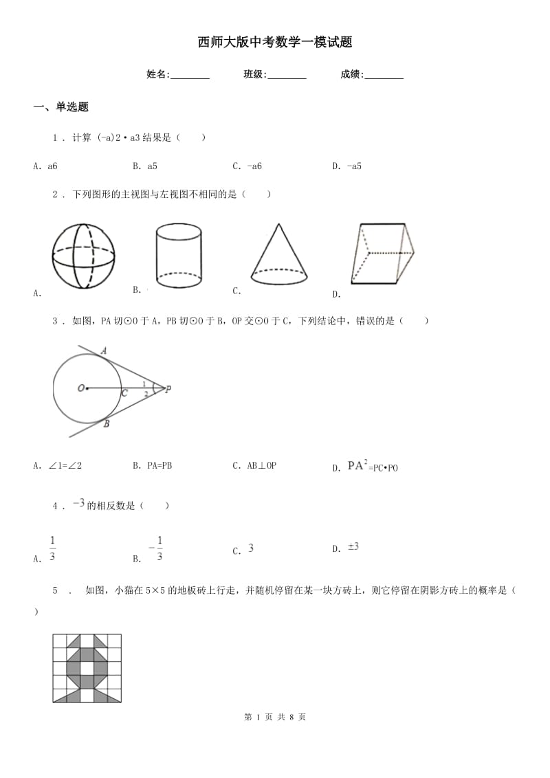 西师大版中考数学一模试题（练习）_第1页