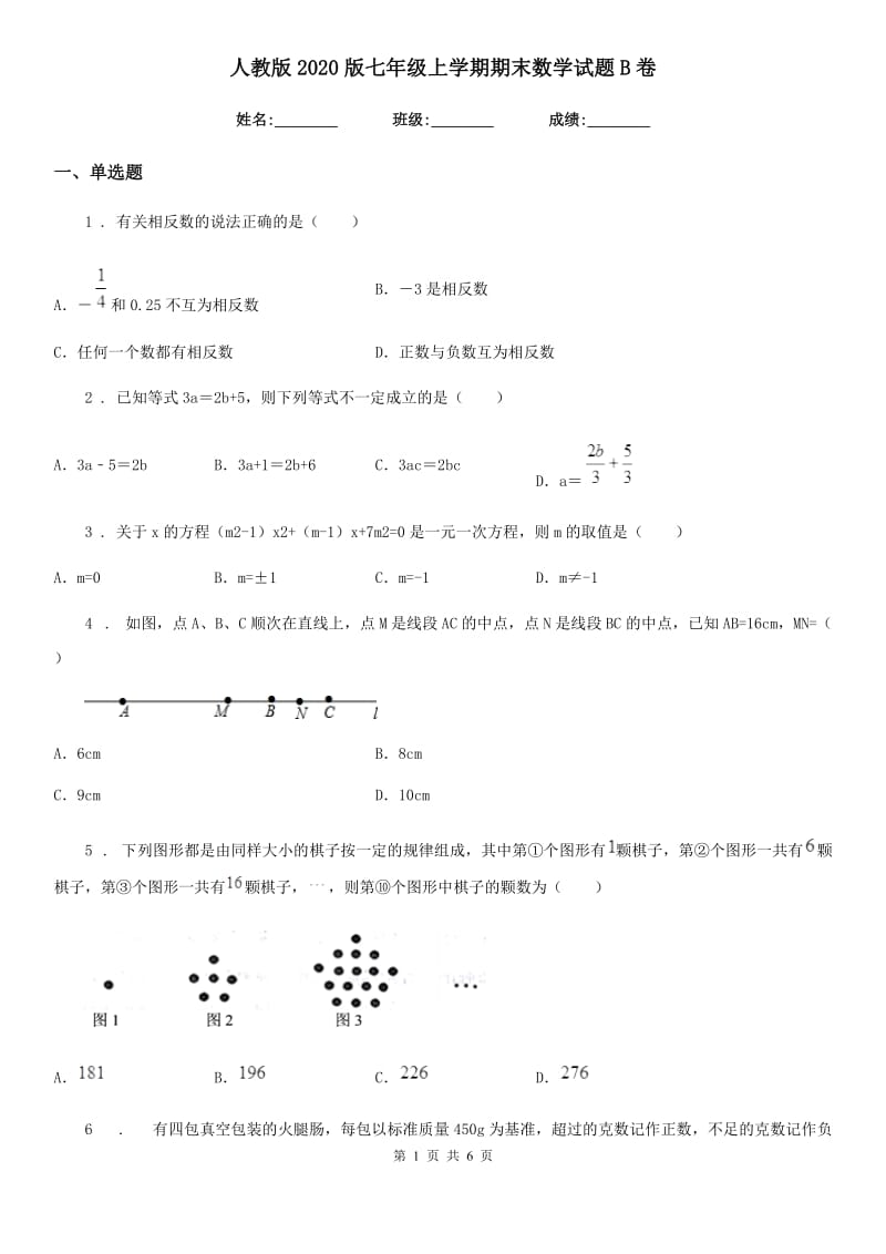 人教版2020版七年级上学期期末数学试题B卷(练习)_第1页