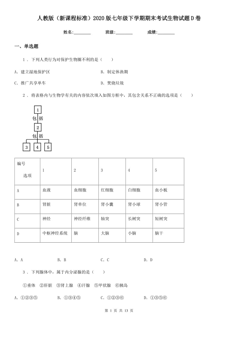 人教版（新课程标准）2020版七年级下学期期末考试生物试题D卷_第1页