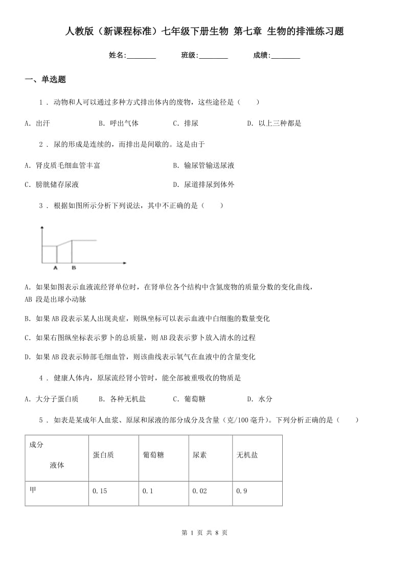 人教版（新课程标准）七年级下册生物 第七章 生物的排泄练习题_第1页