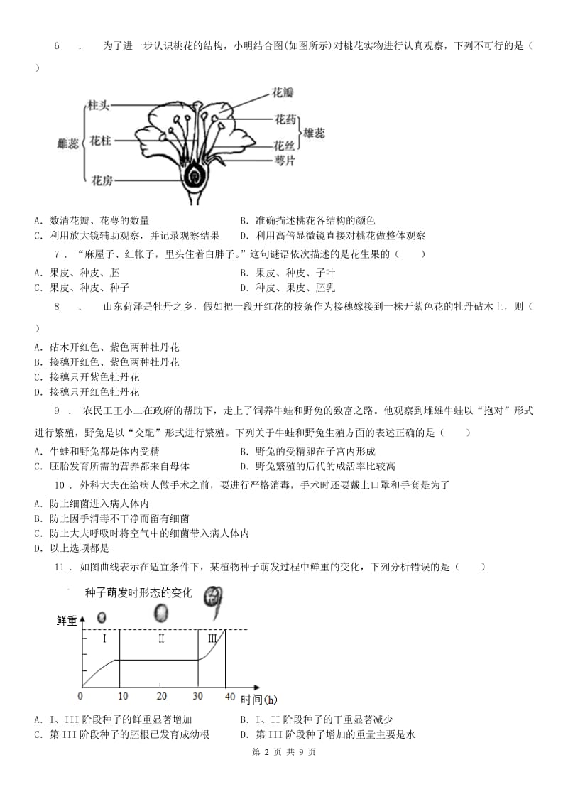 2020年浙教版七年级下册同步训练_第1章 代代相传的生命 单元自测科学试卷D卷_第2页