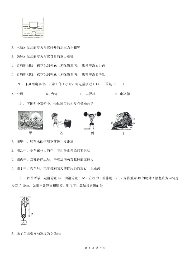 北师大版中考一模物理试题（练习）_第3页