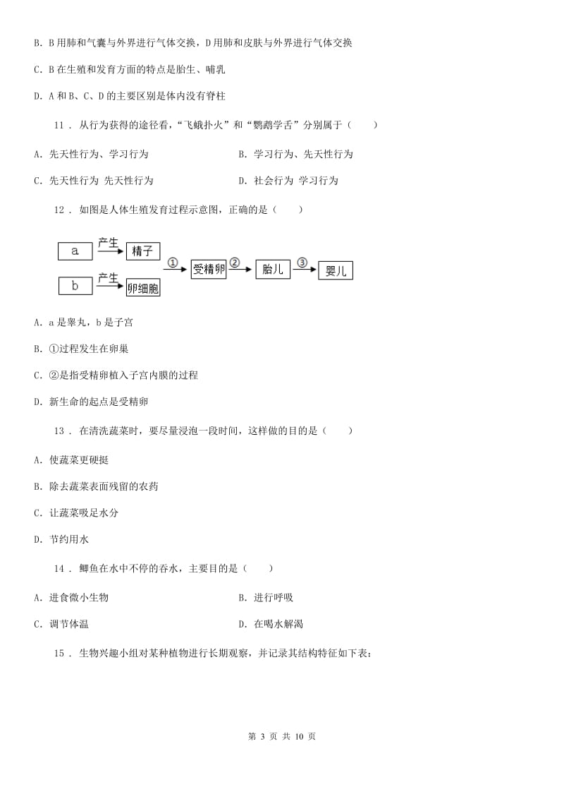 人教版（新课程标准）2020年八年级上学期期中考试生物试题（I）卷(练习)_第3页