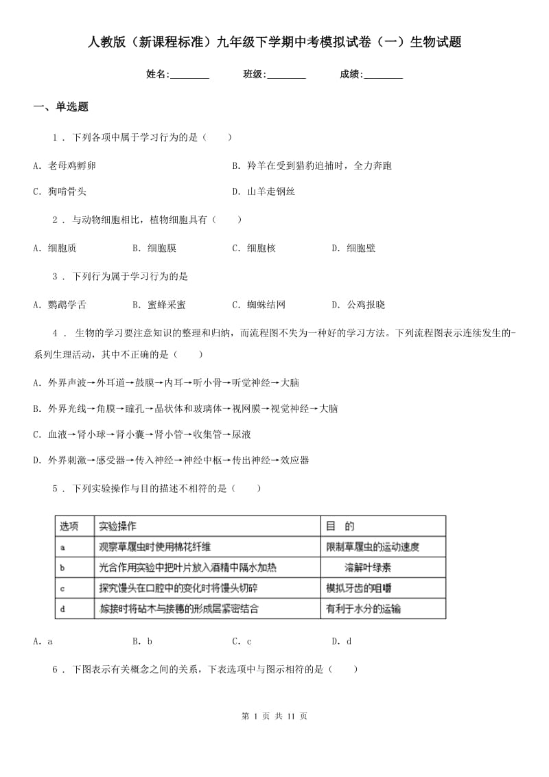 人教版（新课程标准）九年级下学期中考模拟试卷（一）生物试题_第1页