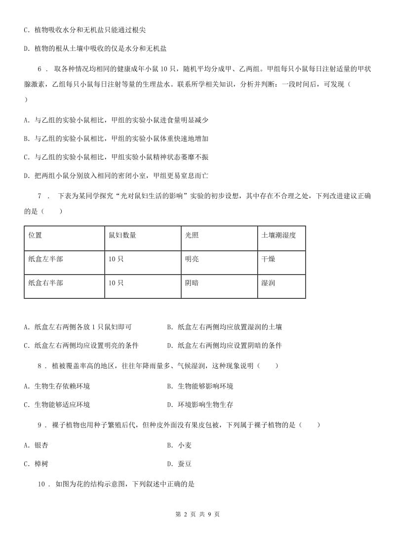 人教版（新课程标准）2019-2020年度七年级下学期开学测试生物试题D卷_第2页