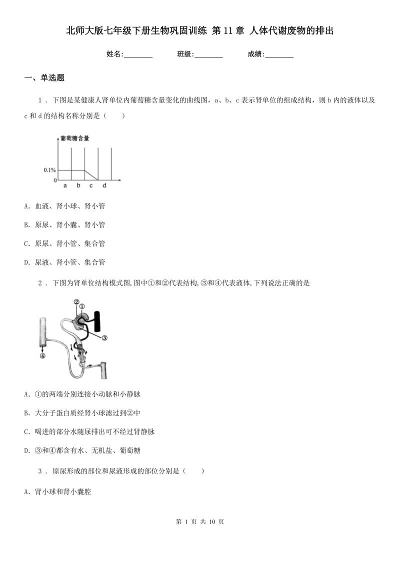 北师大版七年级下册生物巩固训练 第11章 人体代谢废物的排出_第1页