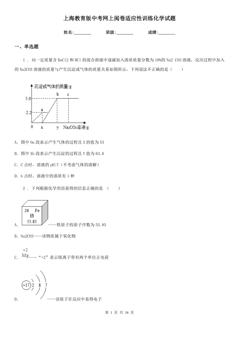 上海教育版中考网上阅卷适应性训练化学试题_第1页