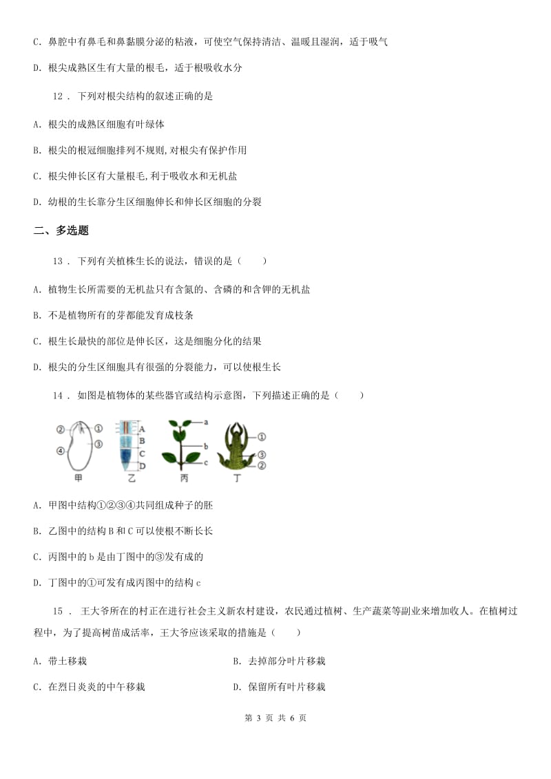 人教版生物七年级上册3.2.2 植株的生长练习题_第3页