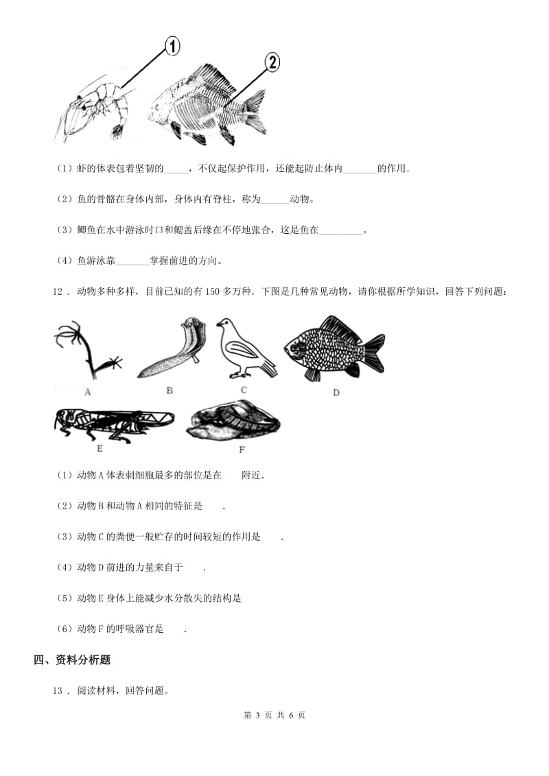 人教版八年级生物上册 第五单元 第一章 第四节 鱼 同步测试及答案_第3页