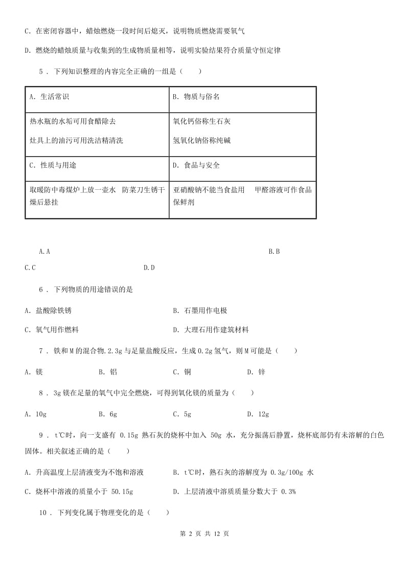 人教版2019-2020年度中考一模化学试题C卷(模拟)_第2页