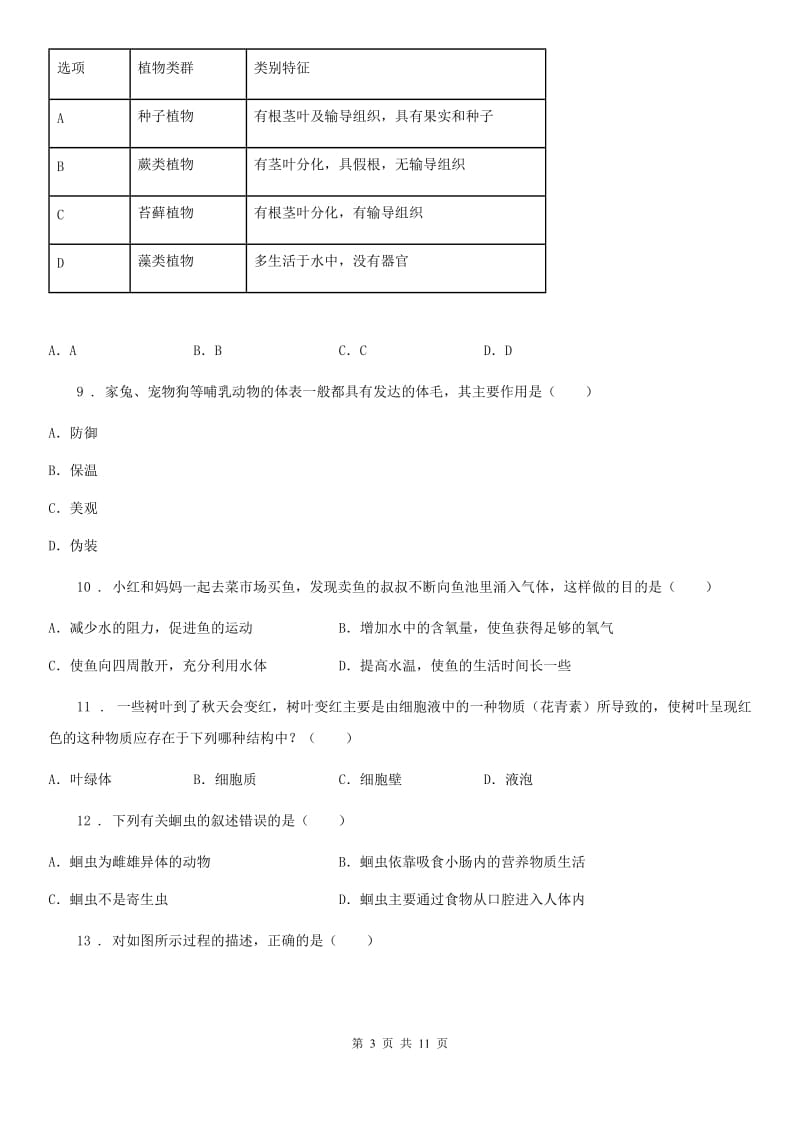 苏科版 七年级上学期期末生物试题（A）_第3页