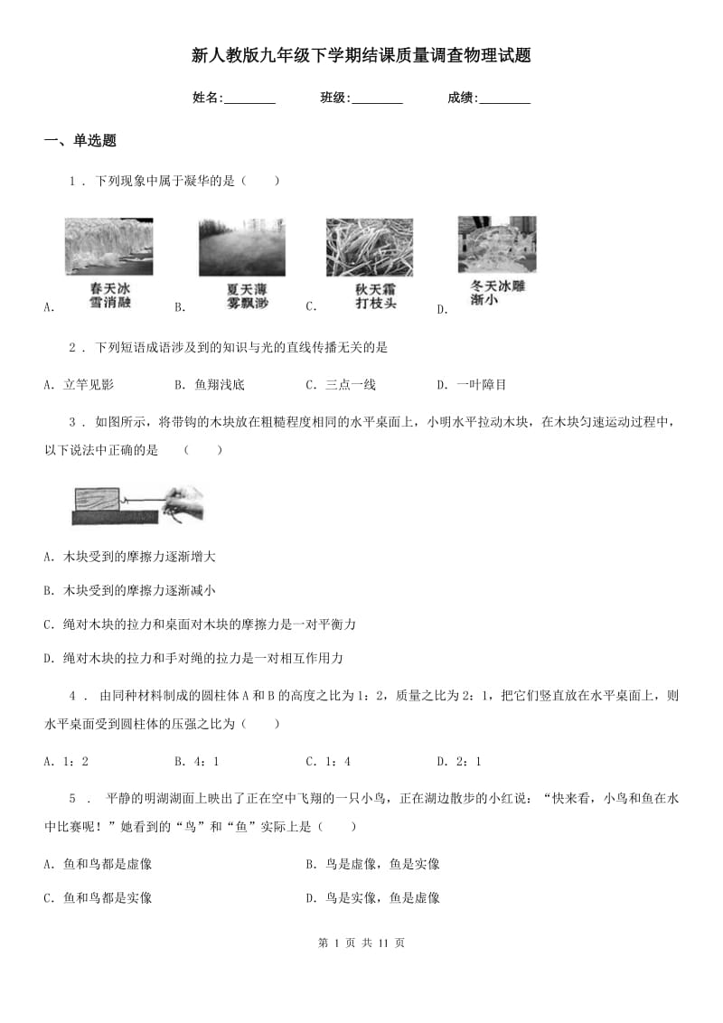 新人教版九年级下学期结课质量调查物理试题_第1页