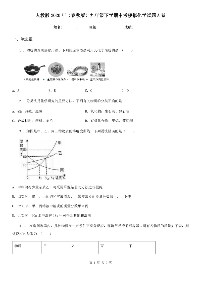 人教版2020年（春秋版）九年级下学期中考模拟化学试题A卷(模拟)_第1页