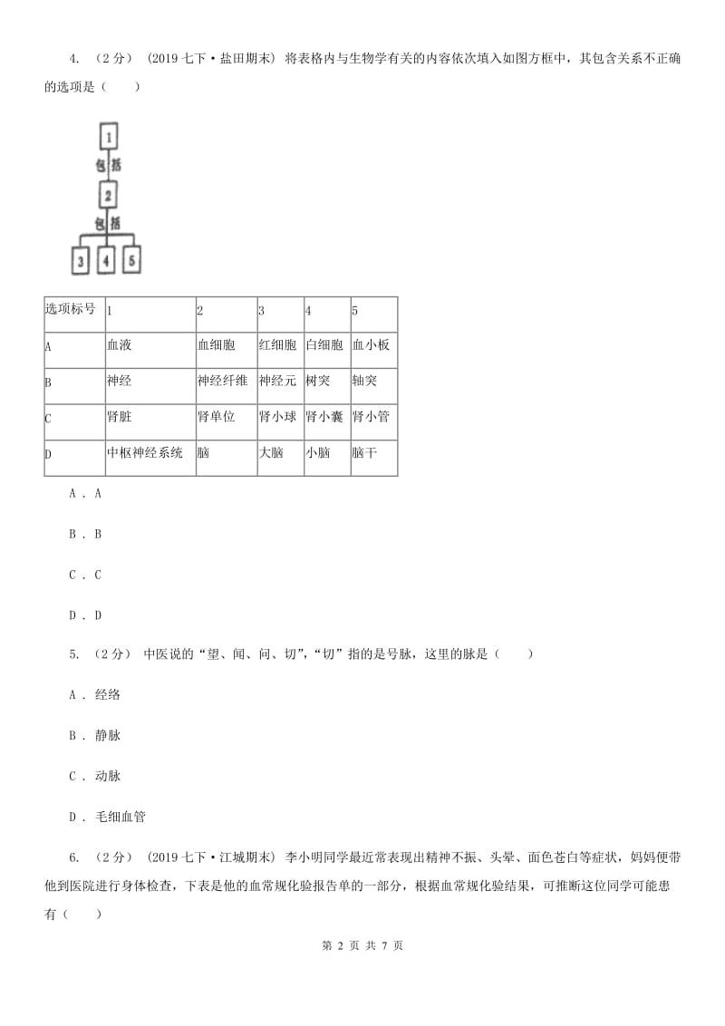 济南版七年级下学期生物期末考试试卷_第2页