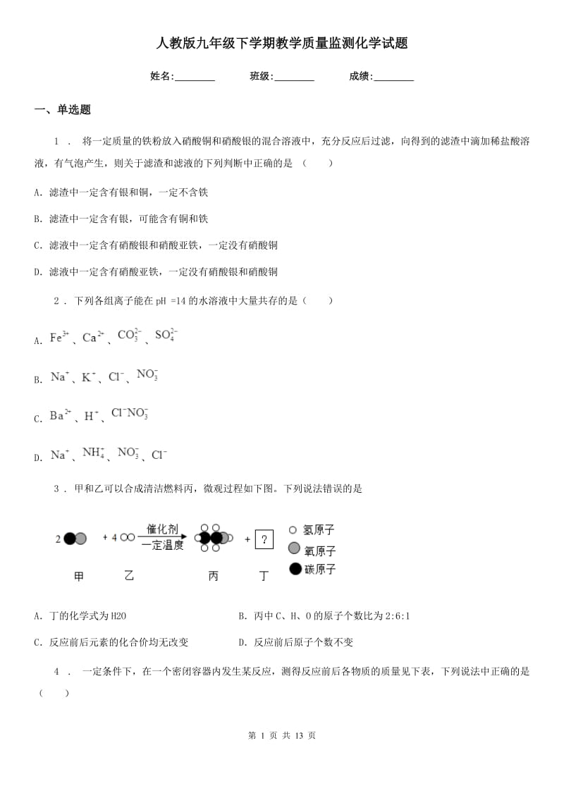 人教版九年级下学期教学质量监测化学试题_第1页