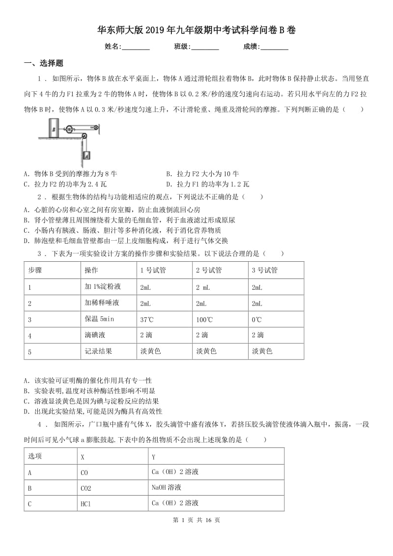 华东师大版2019年九年级期中考试科学问卷B卷_第1页