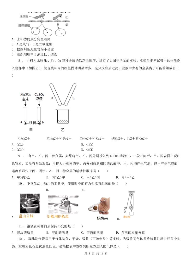 华东师大版2019年九年级期中考试科学问卷B卷_第3页