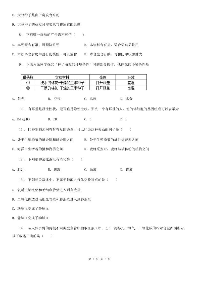 人教版（新课程标准）2019版九年级中考模拟生物试题A卷_第2页