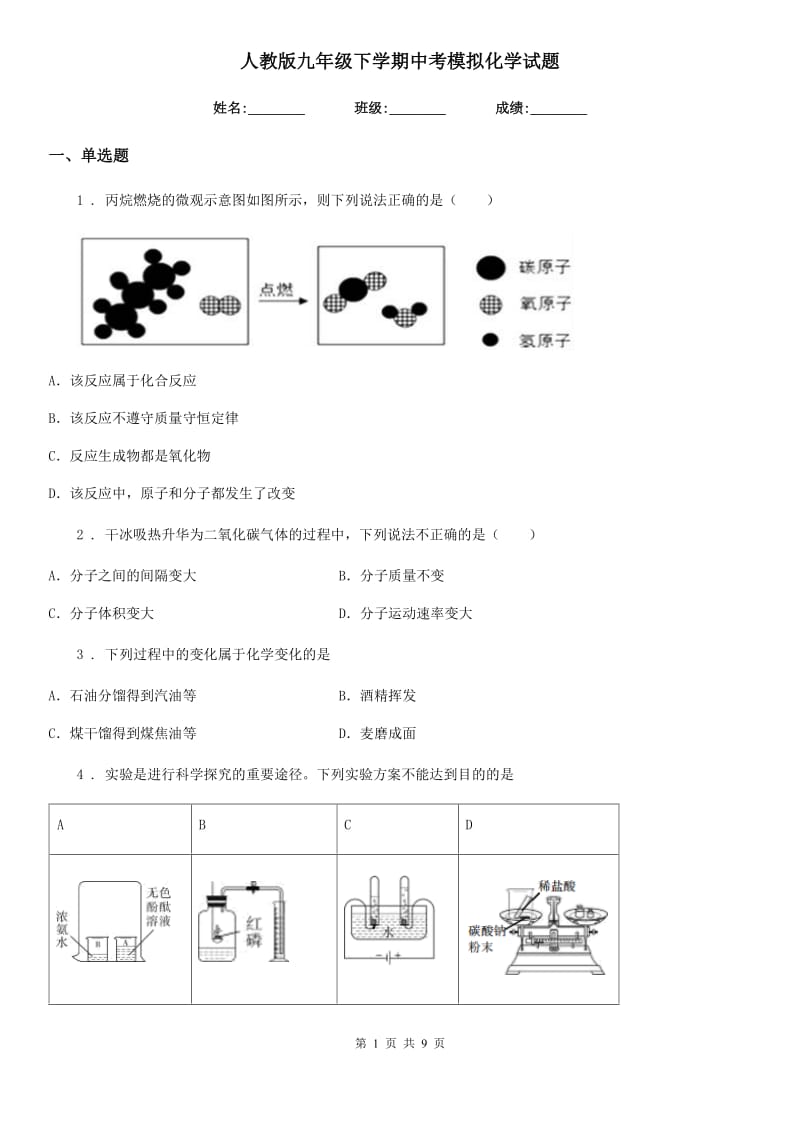 人教版九年级下学期中考模拟化学试题_第1页