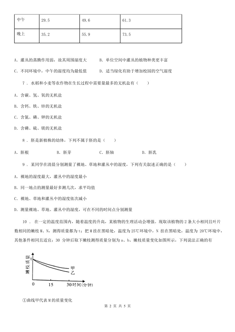 人教版七年级上册生物 3.3 绿色植物与生物圈的水循环 单元检测_第2页