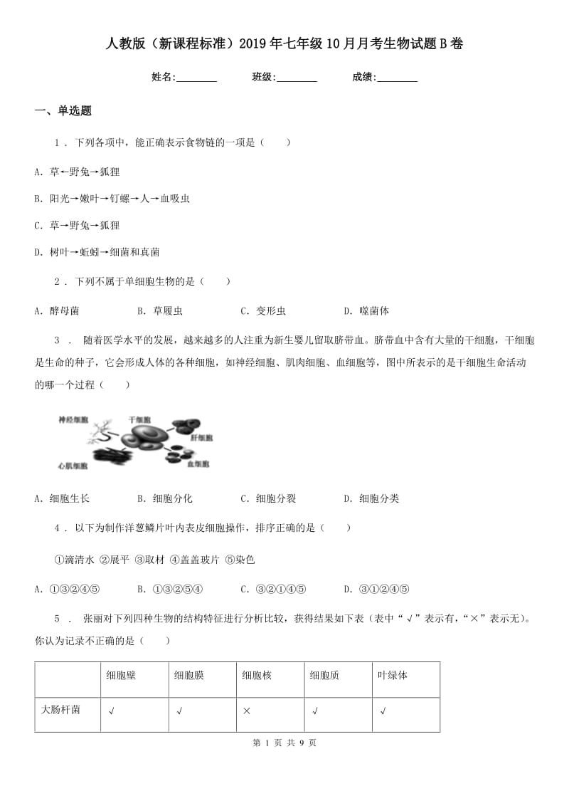 人教版（新课程标准）2019年七年级10月月考生物试题B卷_第1页