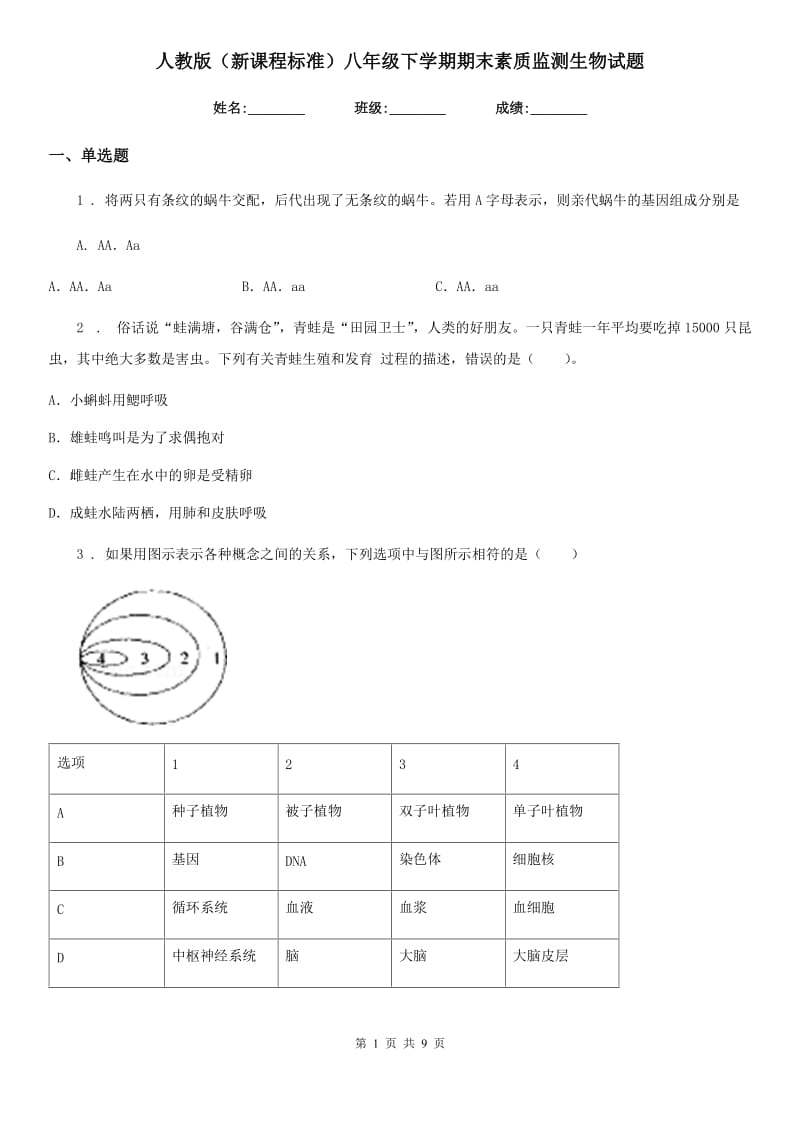 人教版（新课程标准）八年级下学期期末素质监测生物试题_第1页