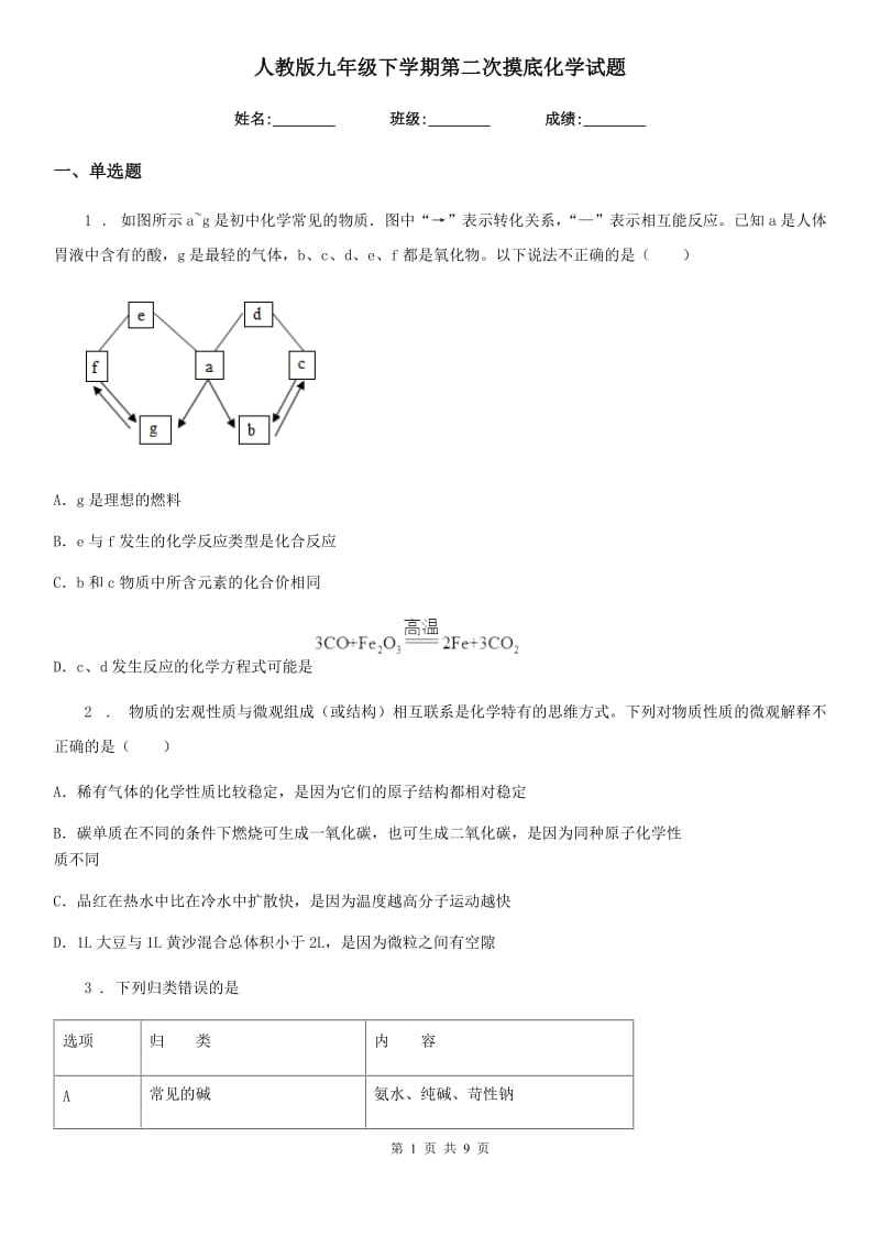 人教版九年级下学期第二次摸底化学试题_第1页