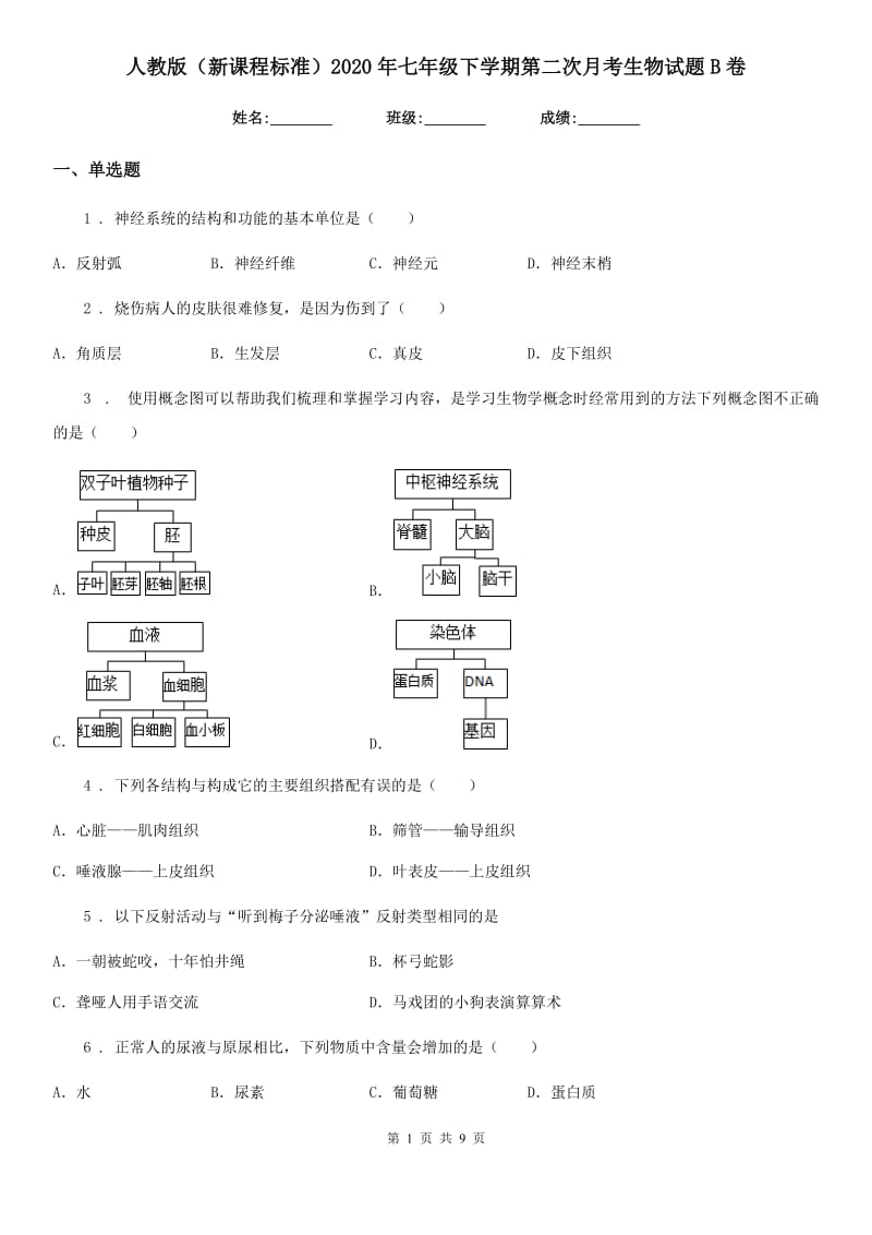 人教版（新课程标准）2020年七年级下学期第二次月考生物试题B卷（模拟）_第1页