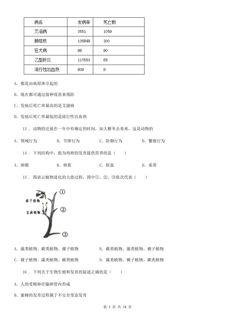 人教版（新课程标准）2019年八年级上学期期末生物试题（I）卷(模拟)_第3页