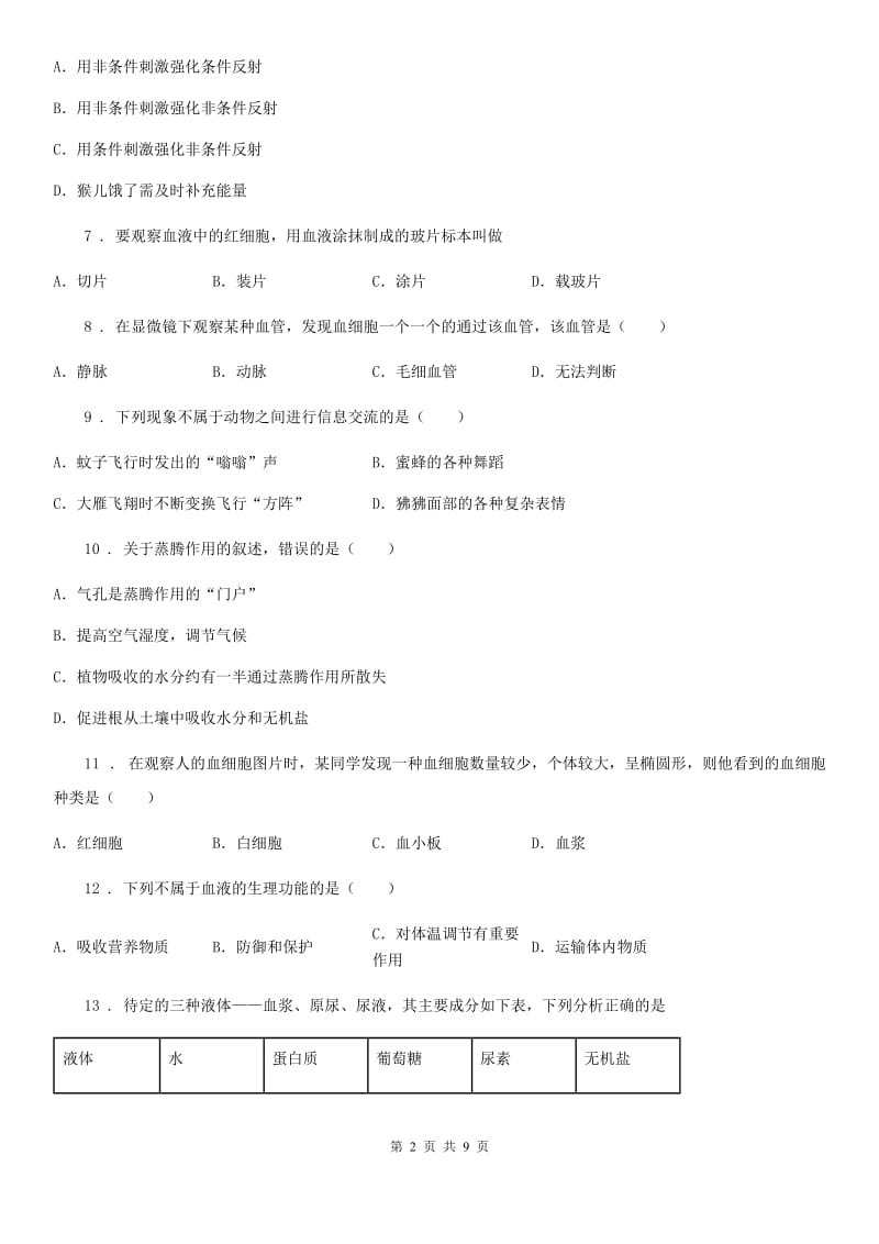 苏科版八年级上册生物 第6单元 生命活动的调节和生态系统的稳定 单元巩固练习题_第2页