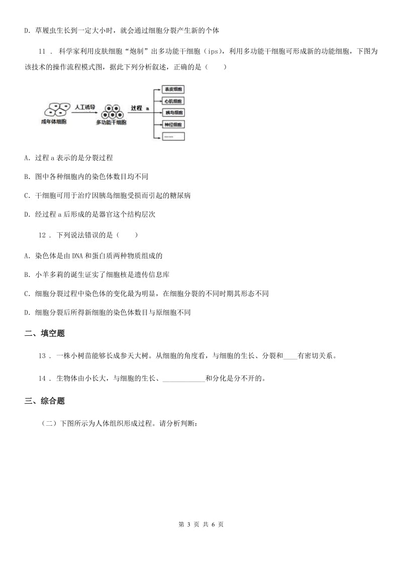 人教版生物七年级上册2.2.1细胞通过分裂产生新细胞同步练习题_第3页