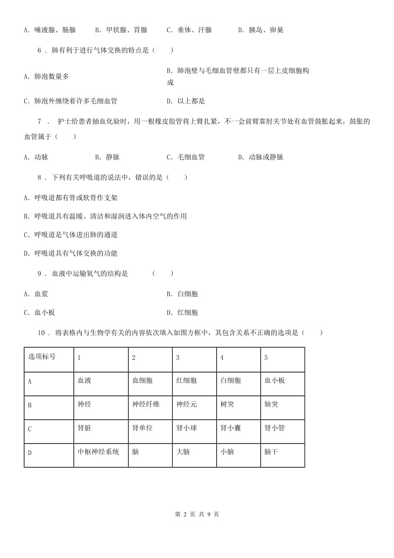 冀教版七年级下学期期末生物试题_第2页