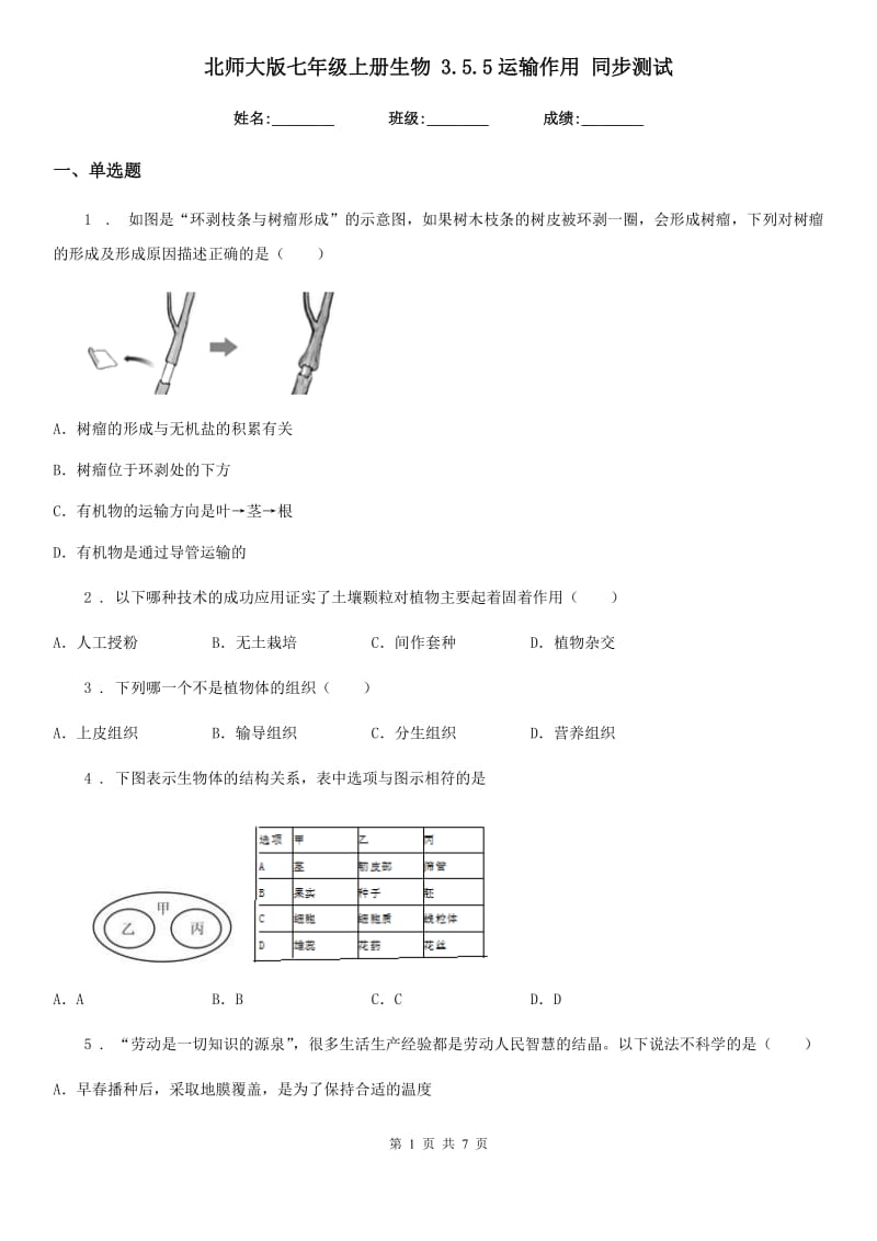 北师大版七年级上册生物 3.5.5运输作用 同步测试_第1页