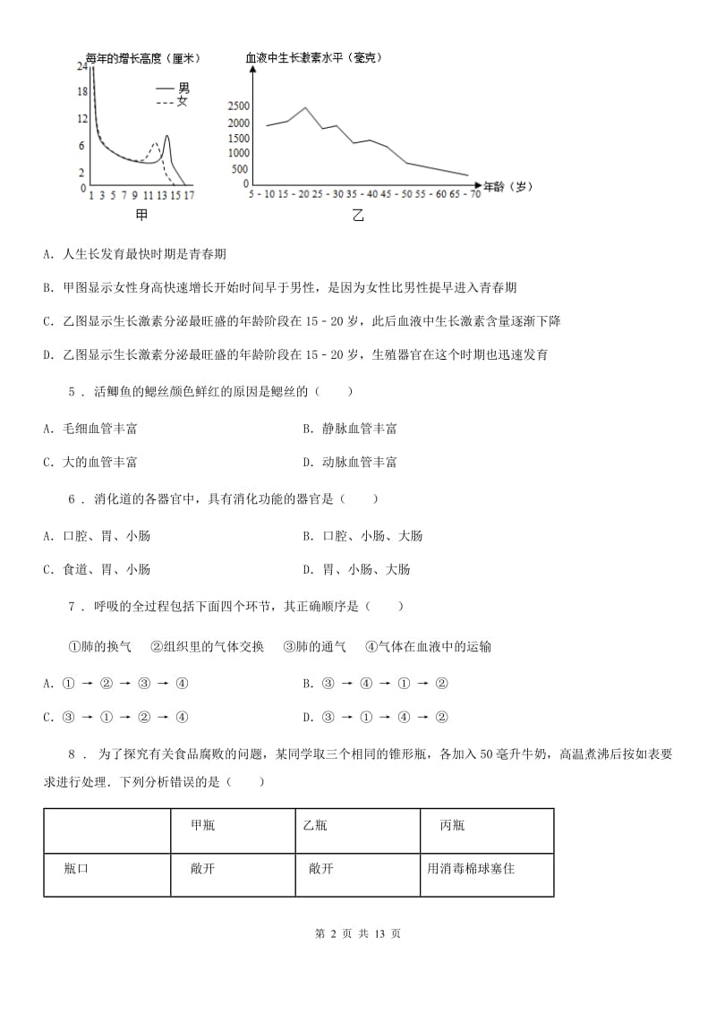 人教版（新课程标准）2020版七年级下学期期末考试生物试题（I）卷_第2页