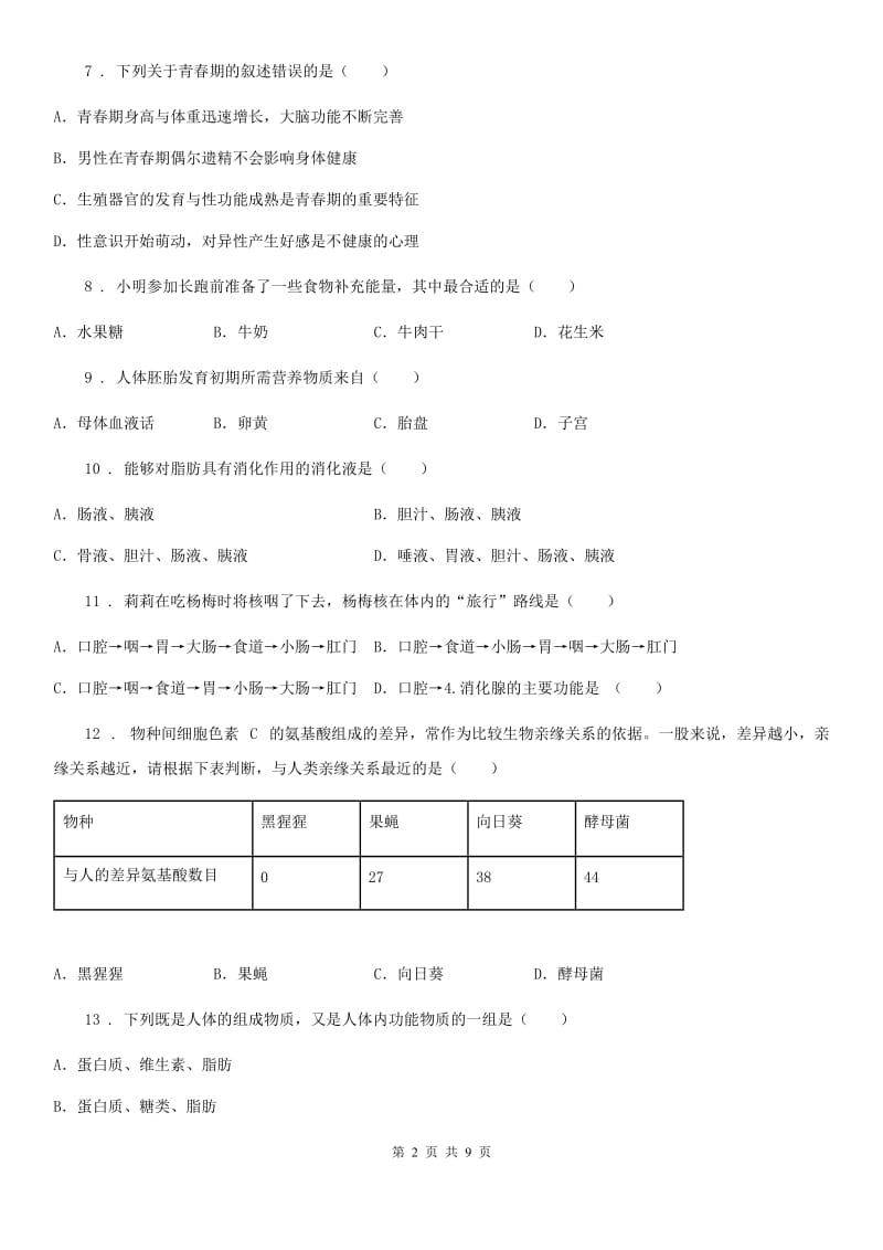 人教版（新课程标准）2020年（春秋版）七年级下学期第一次月考生物试题C卷_第2页