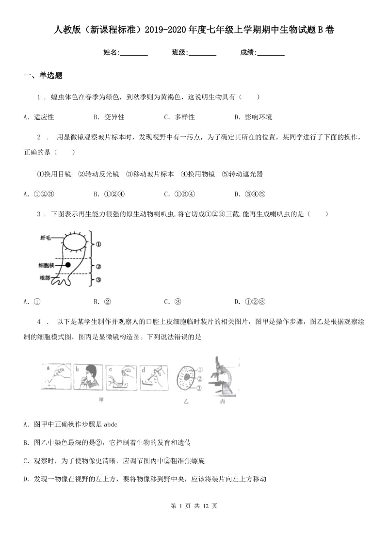 人教版（新课程标准）2019-2020年度七年级上学期期中生物试题B卷_第1页