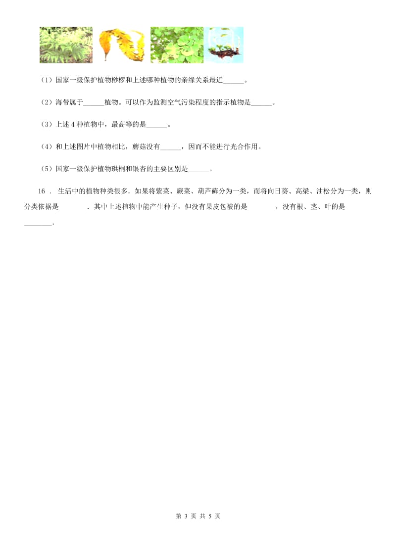 人教版生物七年级上册3.1.1藻类、苔藓和蕨类植物同步检测题_第3页